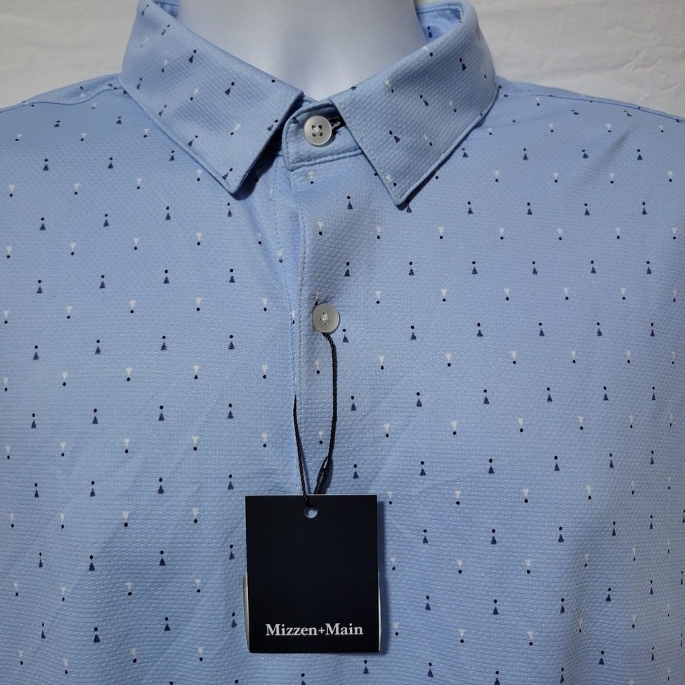 Mizzen+Main Halyard SS Polo Shirt Light Blue Geo Print Men's Large Trim Fit NWT